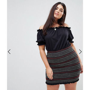 ASOS Curve Off the Shoulder Smocked Embroidered Dress Boho Black Plus 18